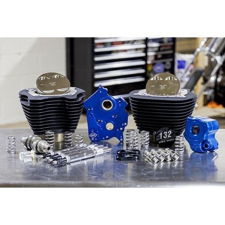 S&S Cycle 132" Power Pack with Chrome Pushrod Tubes and Cam Chain Tensioners, Chain Drive Cam, Black Finish without Highlight Fins, For Oil Cooled 2017-up M8 Models