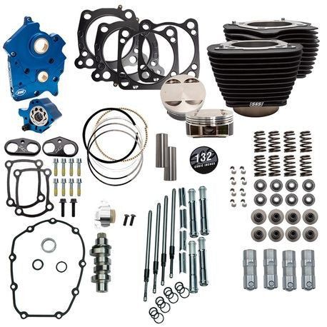 S&S Cycle 132" Power Pack with Chrome Pushrod Tubes and Cam Chain Tensioners, Chain Drive Cam, Black Finish without Highlight Fins, For Oil Cooled 2017-up M8 Models